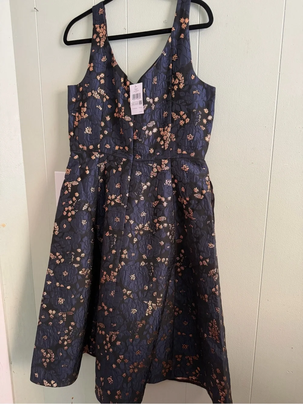 kate spade Navy and Metallic Gold Floral Fit-and-Flare Dress PTP 21 inches L36
